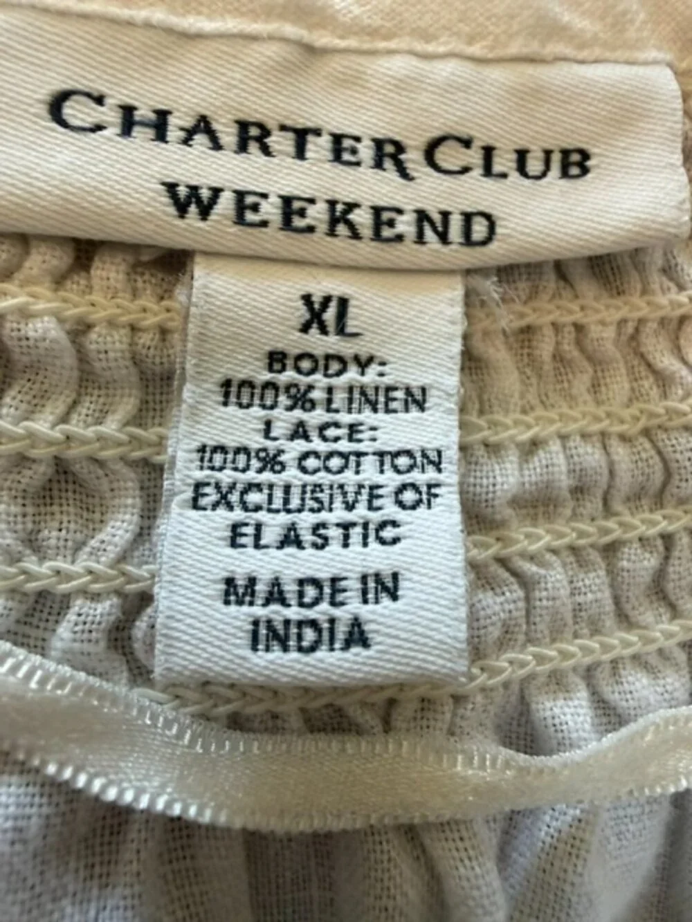 Charter Club Weekend Women's White 100% Linen Lace Trim Blouse XL Boho Coastal
